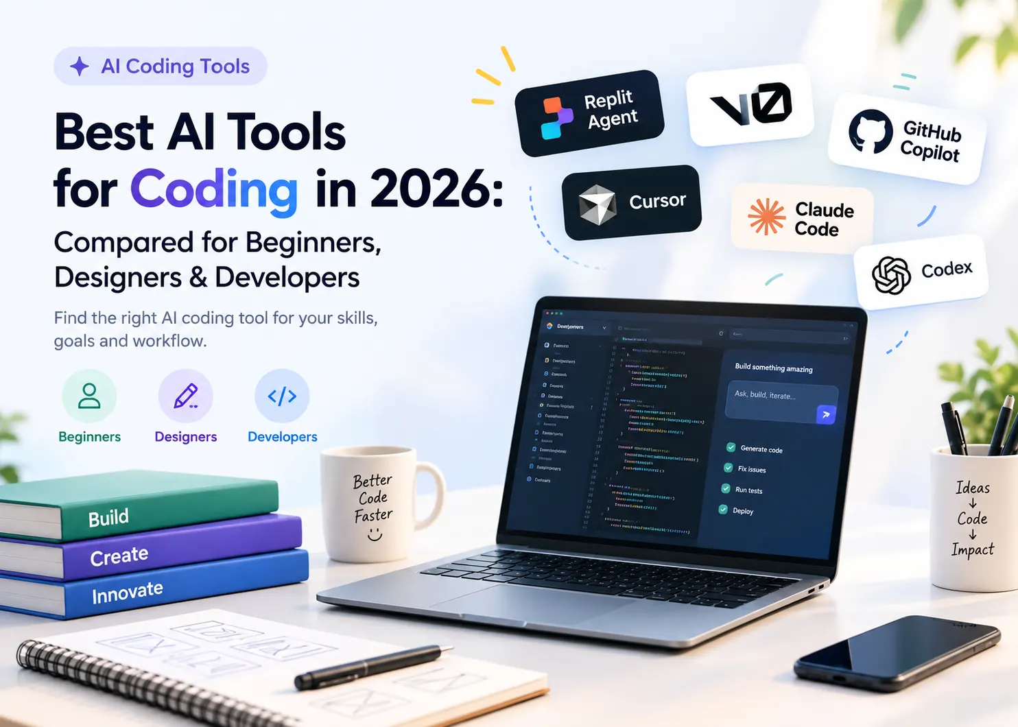 AI coding tools banner featuring a laptop with code, floating Replit Agent, v0, GitHub Copilot, Cursor, Claude Code, and Codex badges, alongside books, developer icons, and workspace elements, representing coding tools for beginners, designers, and developers in 2026.